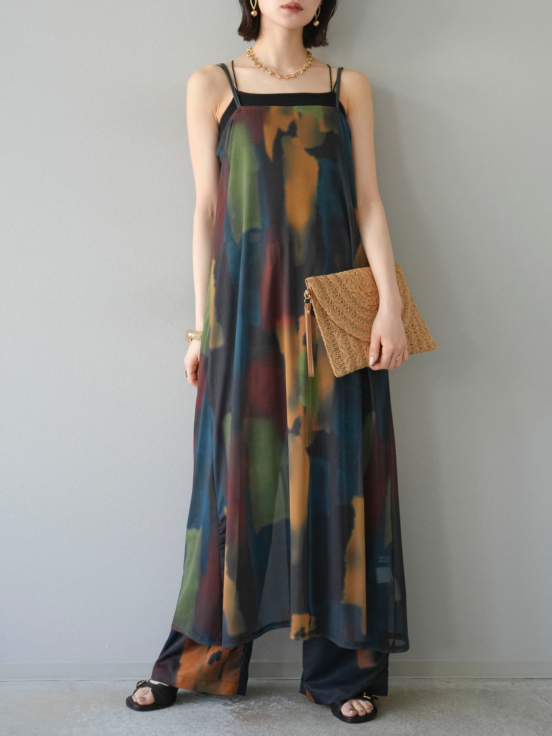 [SET]水彩アートシアーキャミワンピース+水彩アートイージーパンツ(2set)