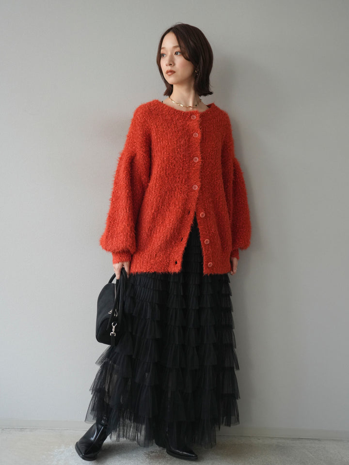[予約]クルーネックランダムシャギーカーディガン/レッド