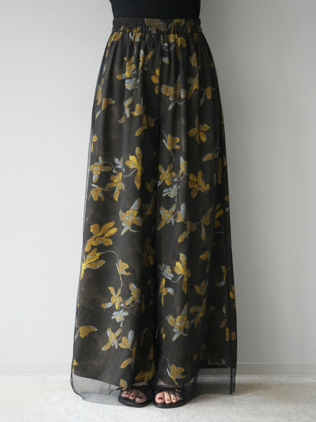 [予約]フラワープリントチュールレイヤードパンツ/ブラウン