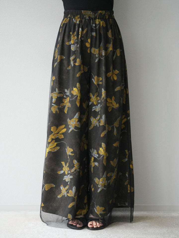 [予約]フラワープリントチュールレイヤードパンツ/ブラウン