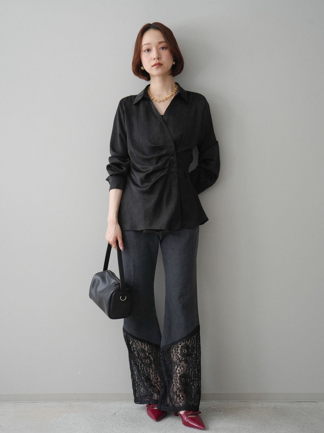 [予約]レース切替フレアデニムパンツ/black