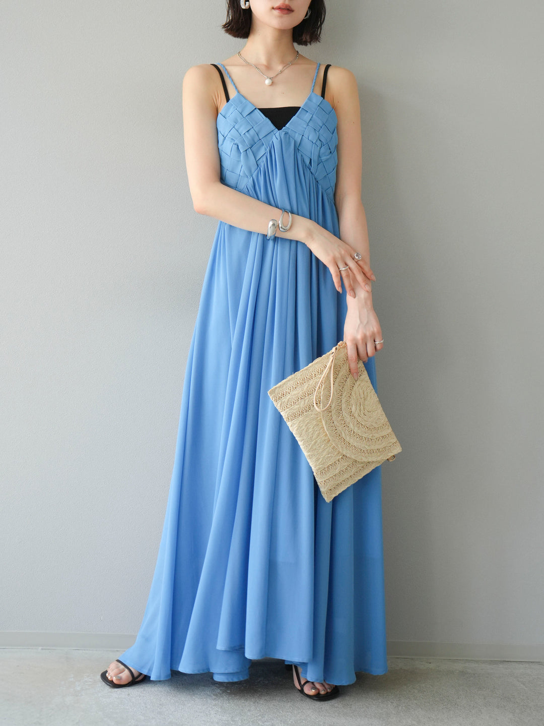 [SET]編み込みデザインシフォンワンピース+カップ付テレコリブベアキャミソール(2set)