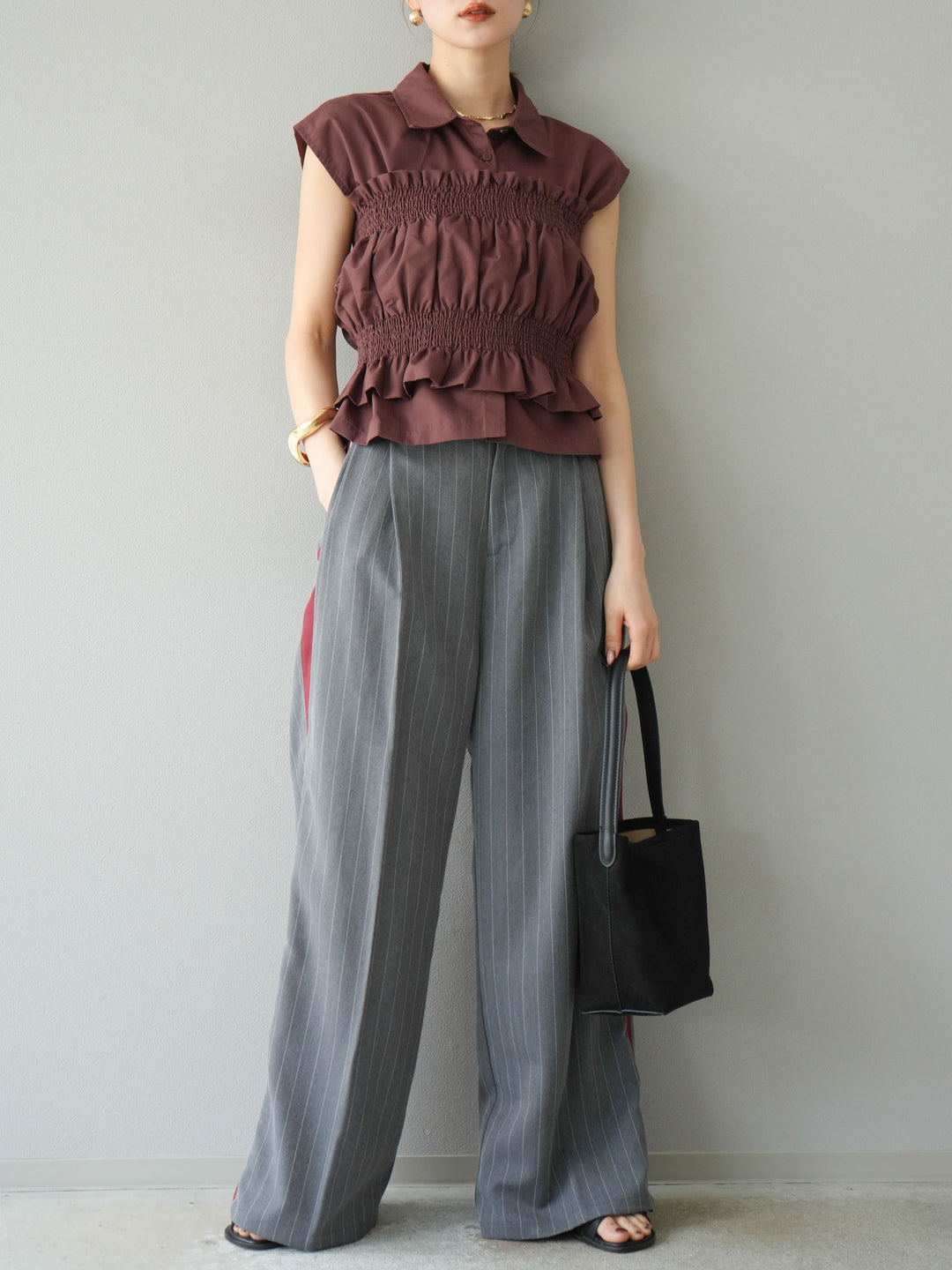 [予約]ブロードシャーリングビスチェ＆ノースリブラウスSET /ブラウン