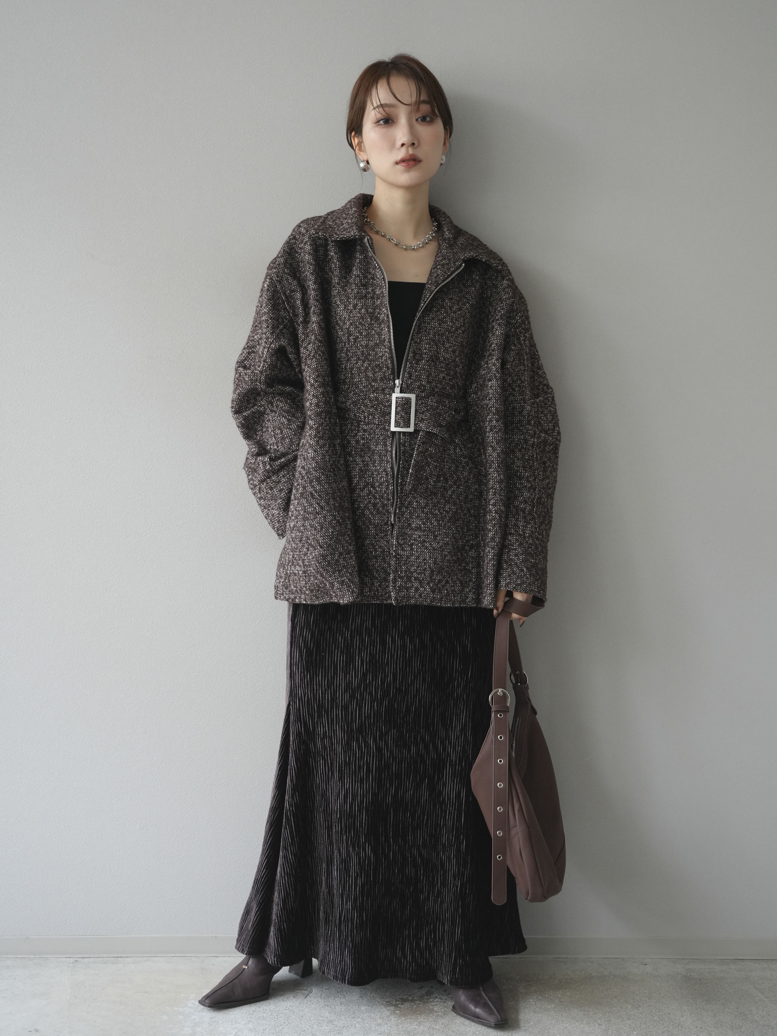 予約]起毛ツイードベルトぺプラムジャケット/brown – Lumier