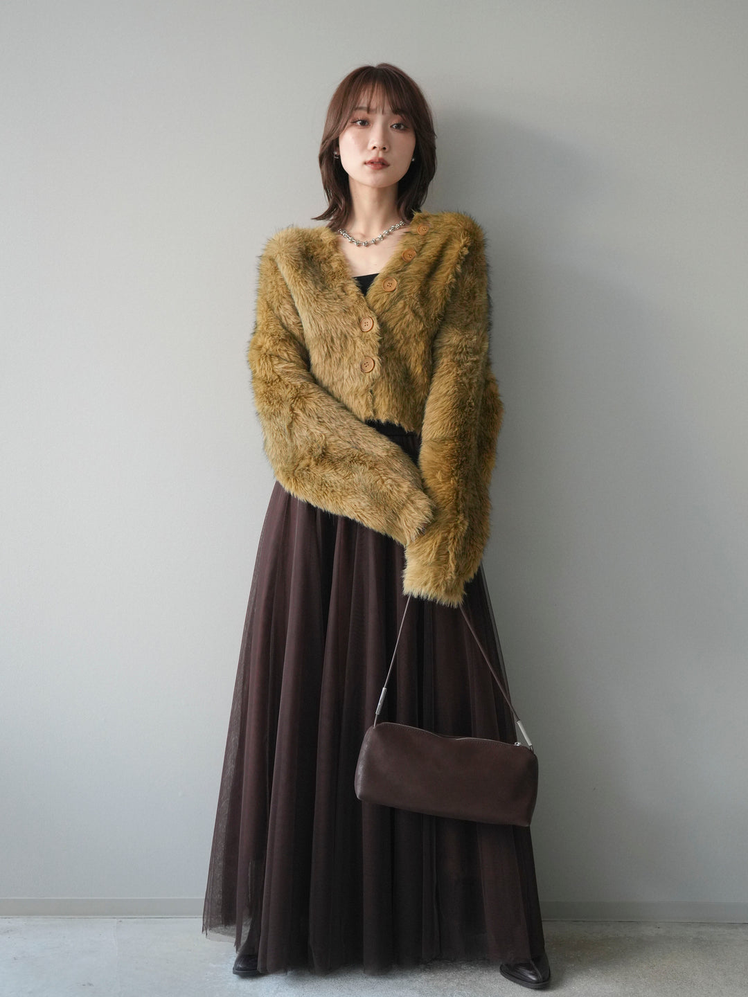 [予約]ミックスシャギーショートニットカーディガン/green