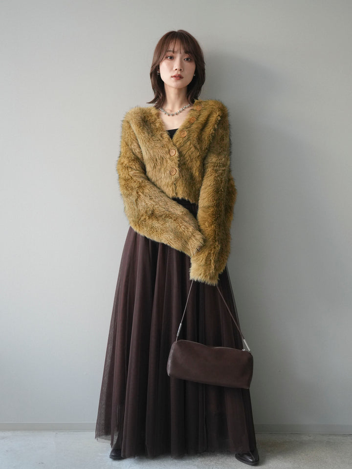 [予約]ミックスシャギーショートニットカーディガン/green