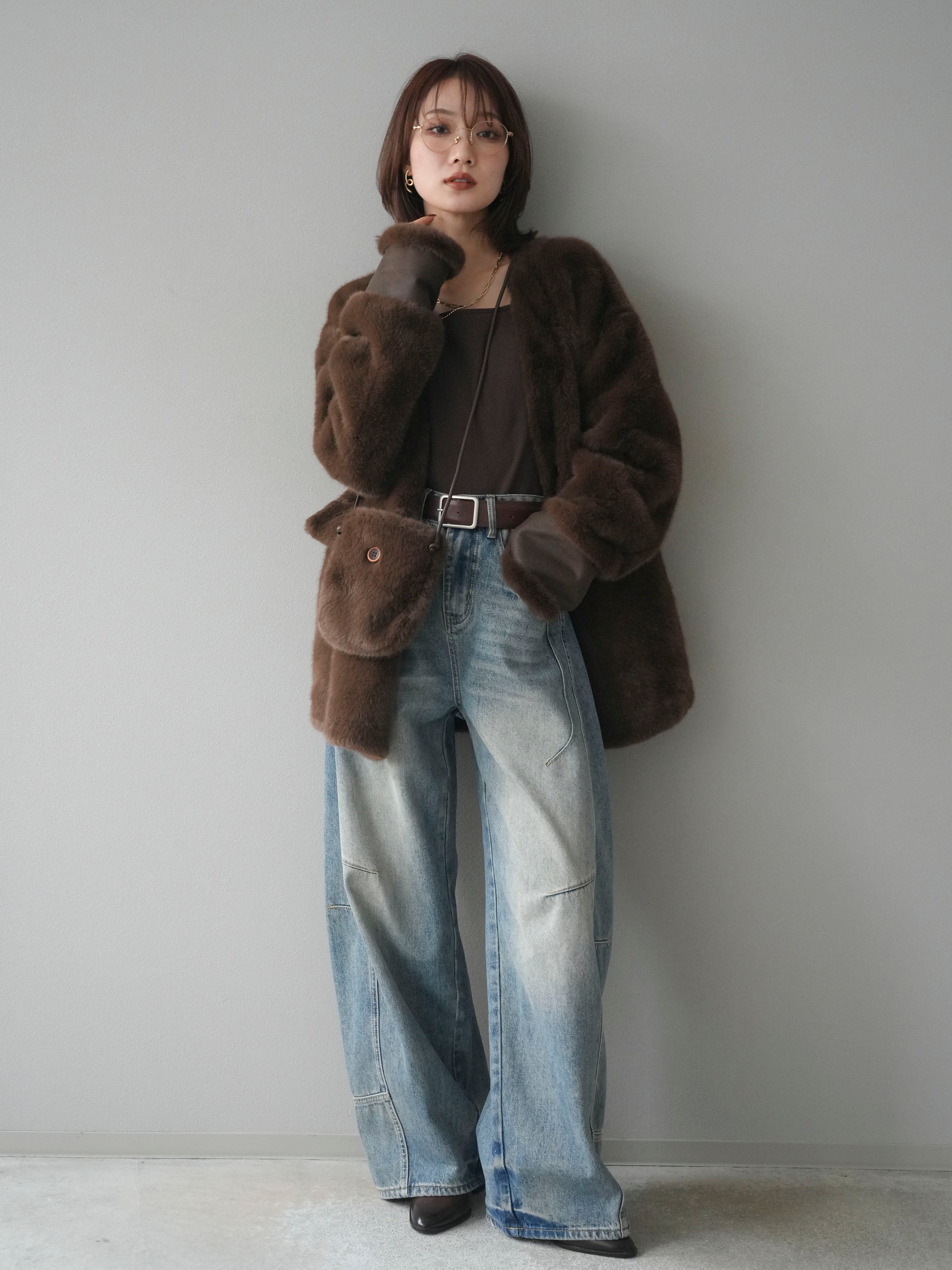 SET]バッグ付エコファーノーカラーコート+ベルト付カーブデニムパンツ