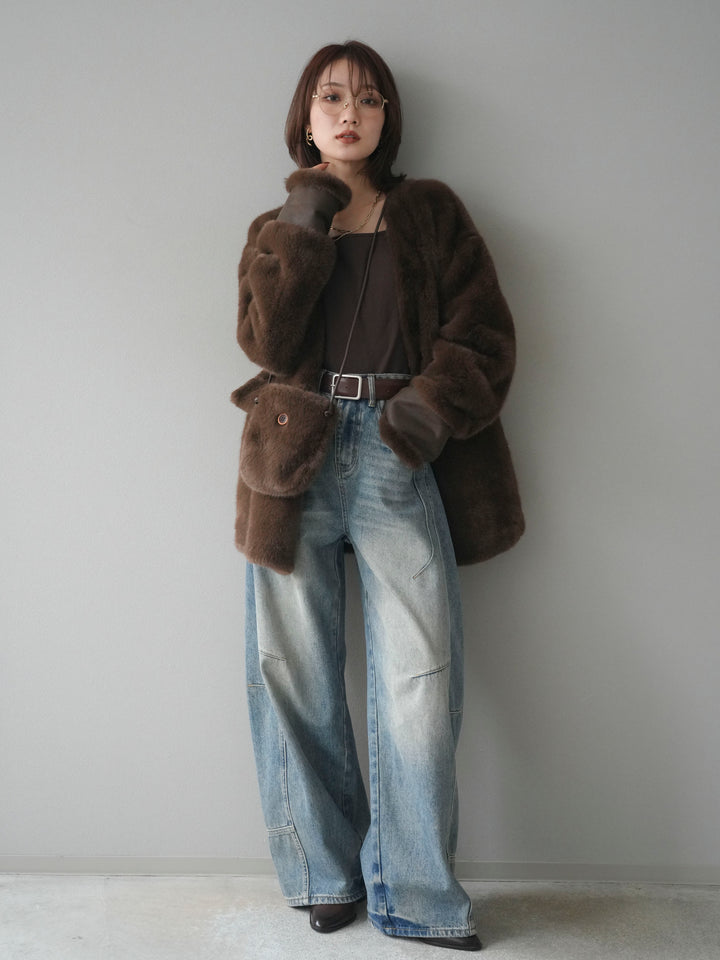 [SET]バッグ付エコファーノーカラーコート+ベルト付カーブデニムパンツ(2set)