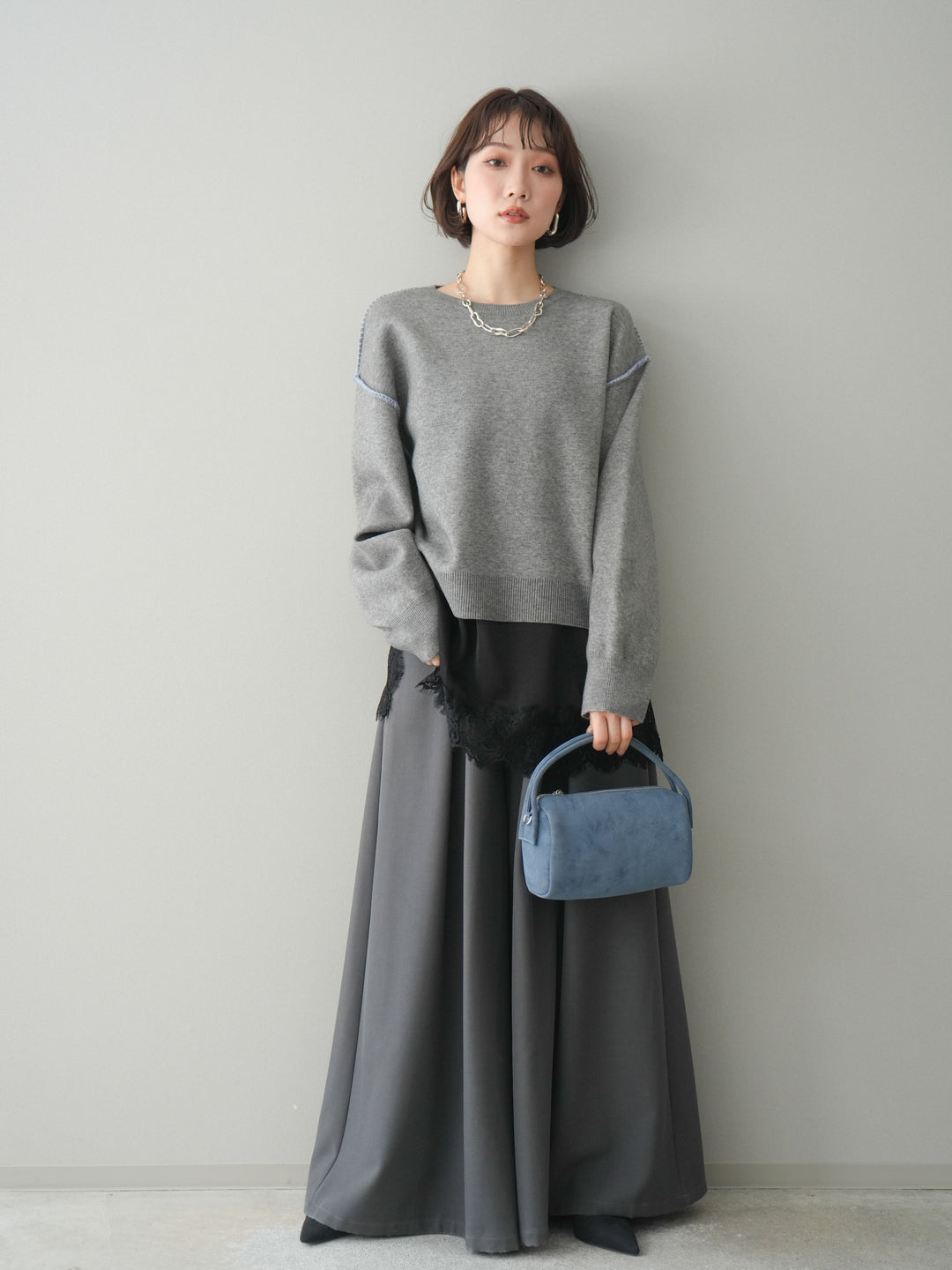 [予約]バックロゴ刺繍配色ステッチニットプルオーバー/gray