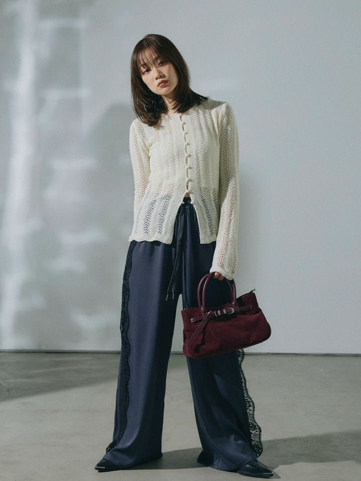 【Allure】[SET]透かし編みニットカーディガントップス+サイドピンタックレースイージーワイドパンツ(2set)
