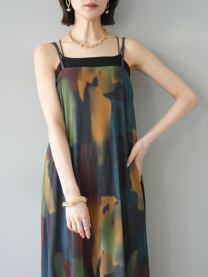 [予約]水彩アートシアーキャミワンピース/チャコール