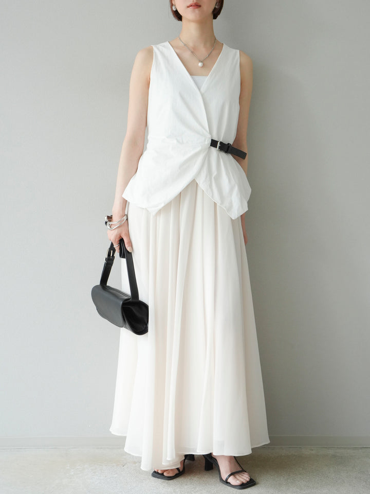 [SET]ベルトデザインバルーンブラウス+シフォンフレアスカート(2set)