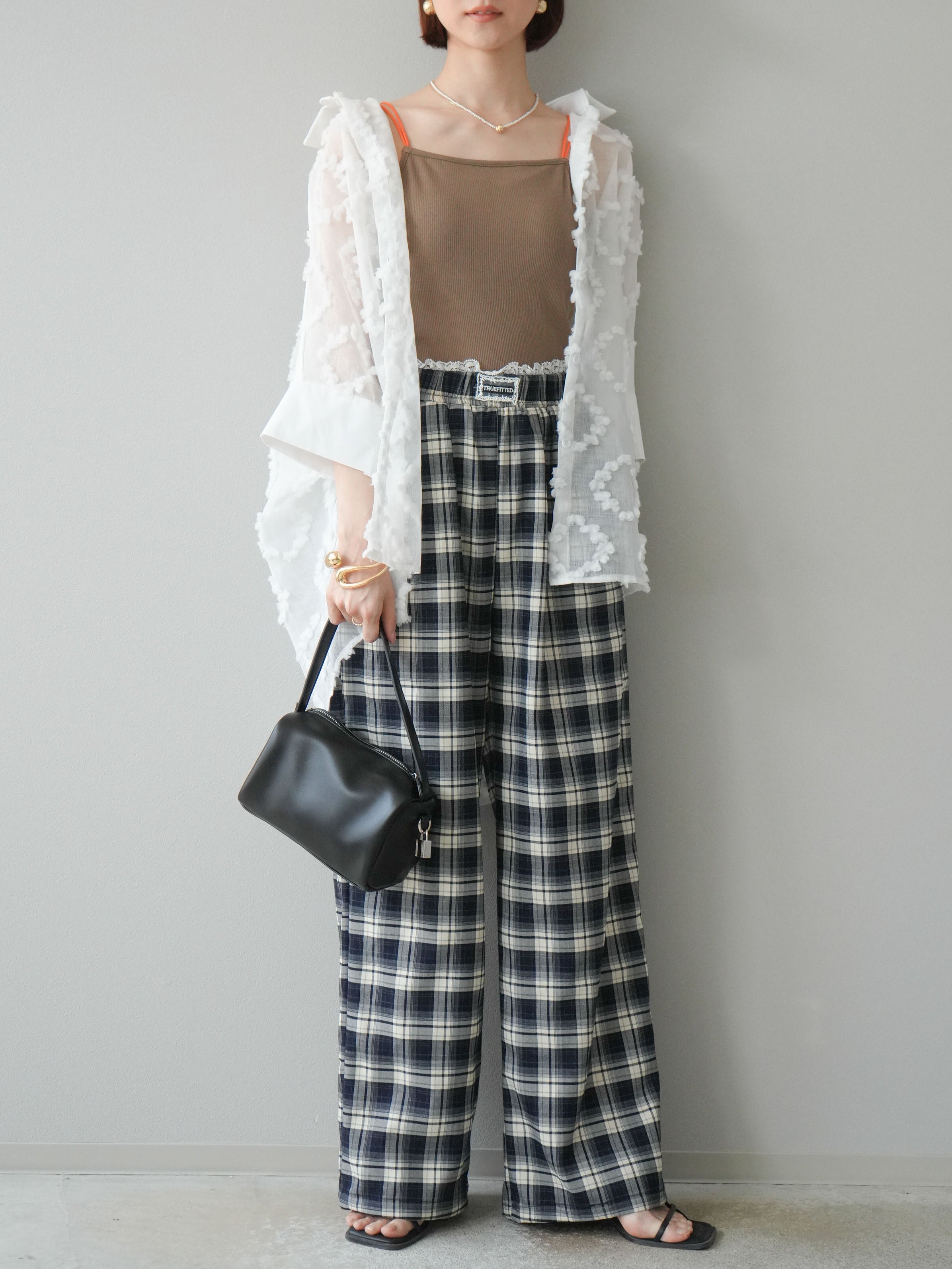予約]レースレイヤードチェックワイドパンツ/ネイビー – Lumier