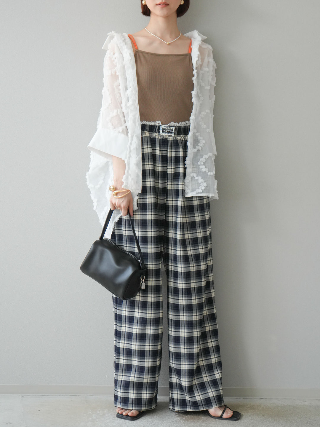 【預購】蕾絲層疊格紋寬褲/藏青色