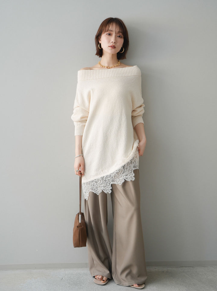 [SET]アシンメトリーレースヘムニットプルオーバー+アシンメトリーレースヘムニットプルオーバー(2set)