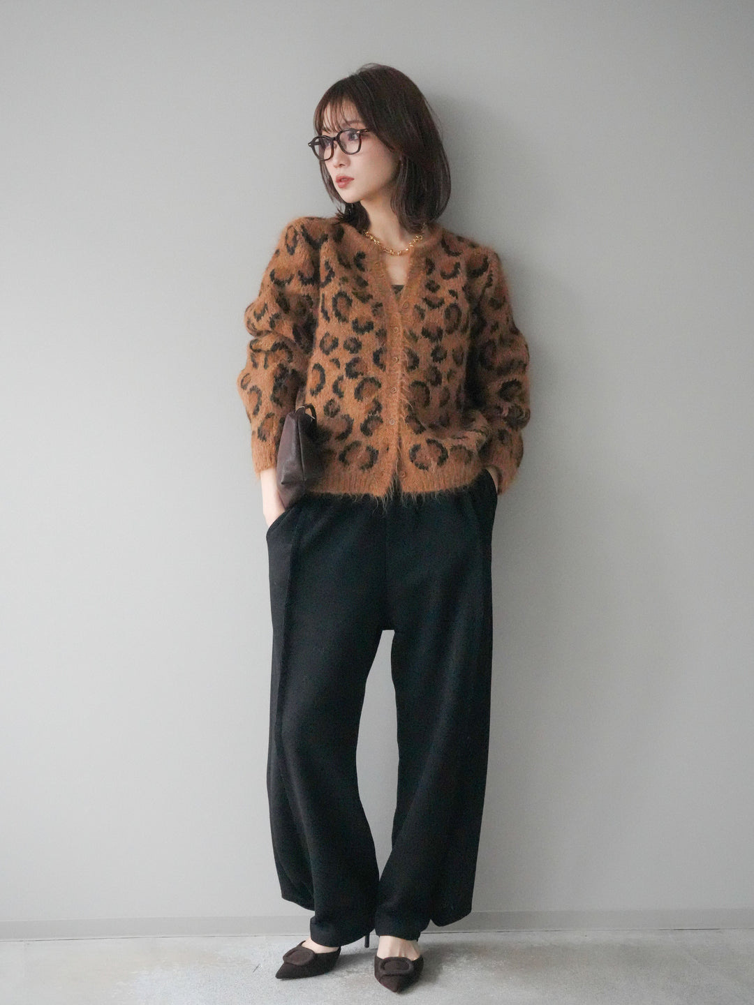 [SET]モヘアタッチレオパード柄ニットカーディガン+選べるアクセセット(2set)