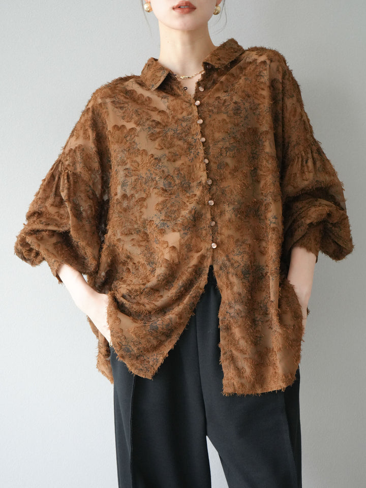 [予約]ニュアンスフリンジジャガードボリュームスリーブブラウス/ブラウン