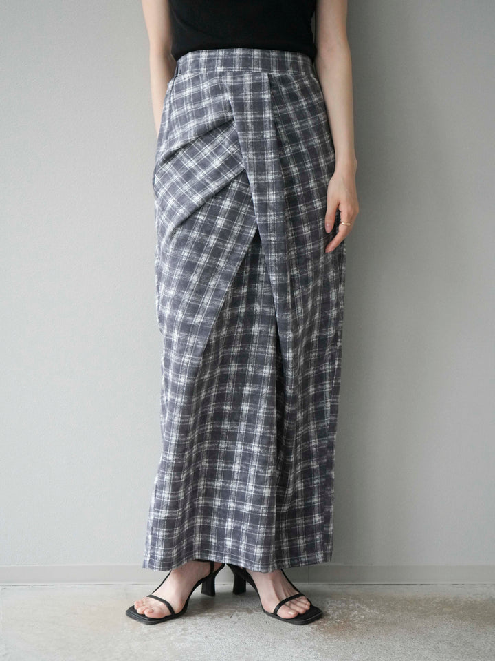[予約]チェックプリントタックIラインスカート/グレー