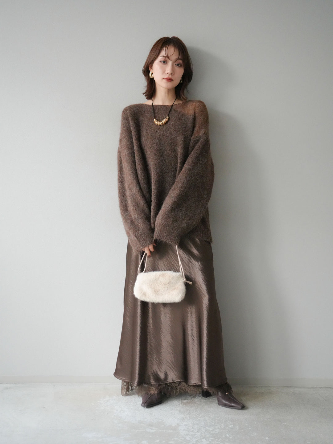 [予約]ネック透かし編みニットプルオーバー/ダークブラウン