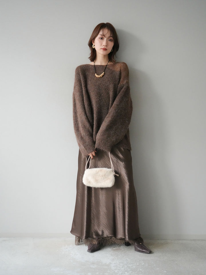 [予約]ネック透かし編みニットプルオーバー/ダークブラウン