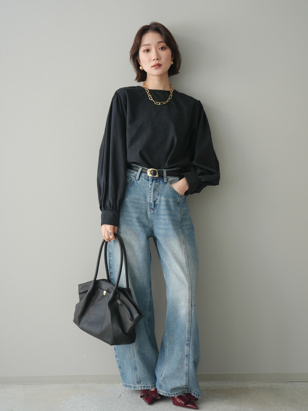 [予約]2WAYピーチスキンボリュームスリーブブラウス/black