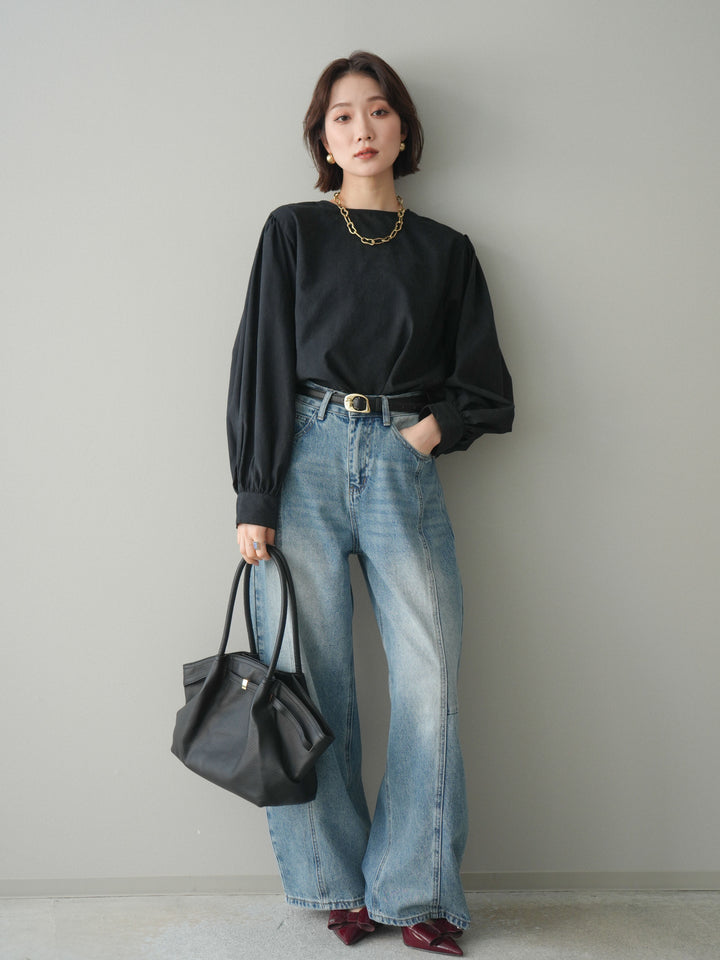 [予約]2WAYピーチスキンボリュームスリーブブラウス/black