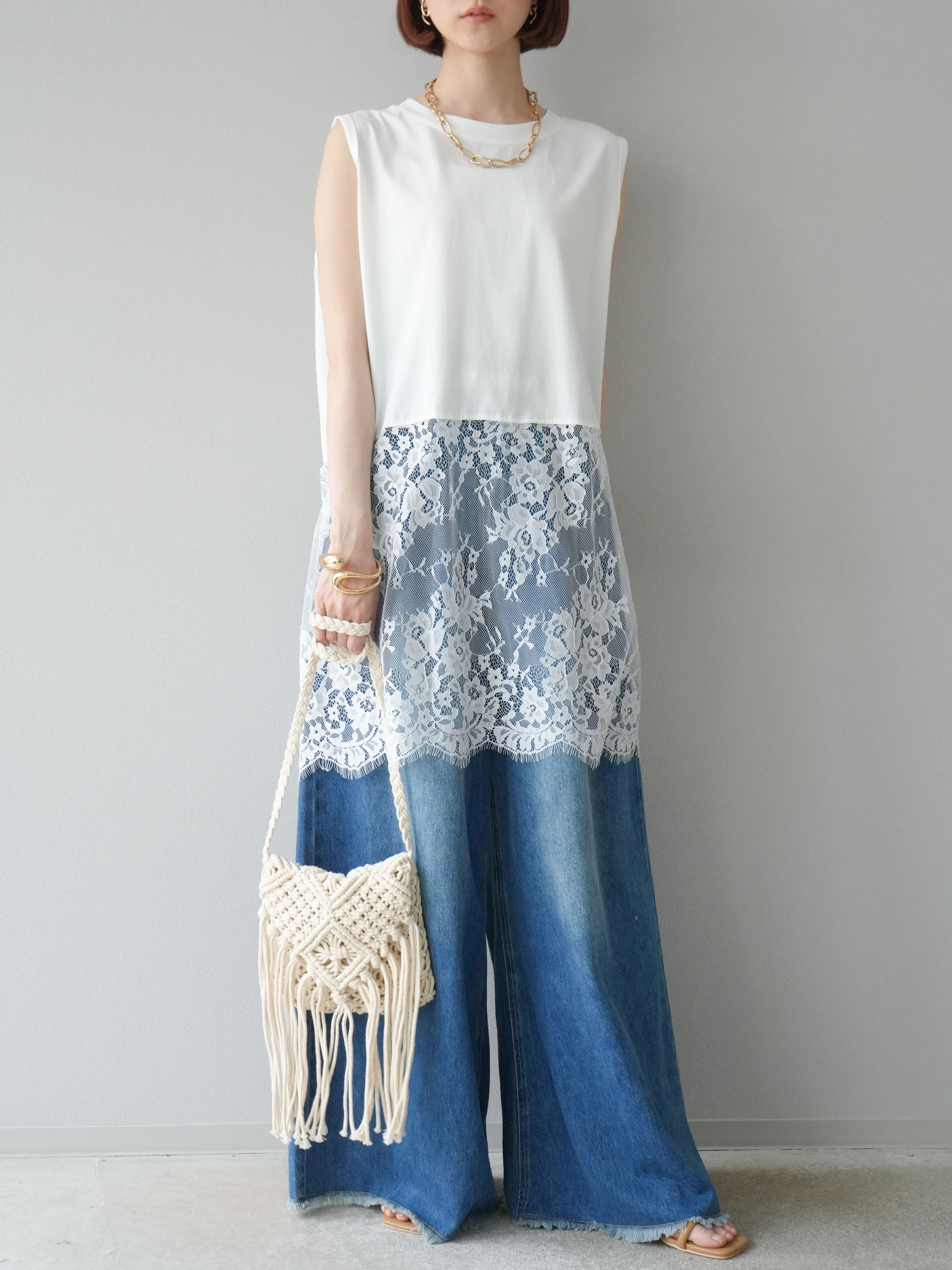 予約]フリンジハイウエストワイドデニムパンツ/ブルー – Lumier
