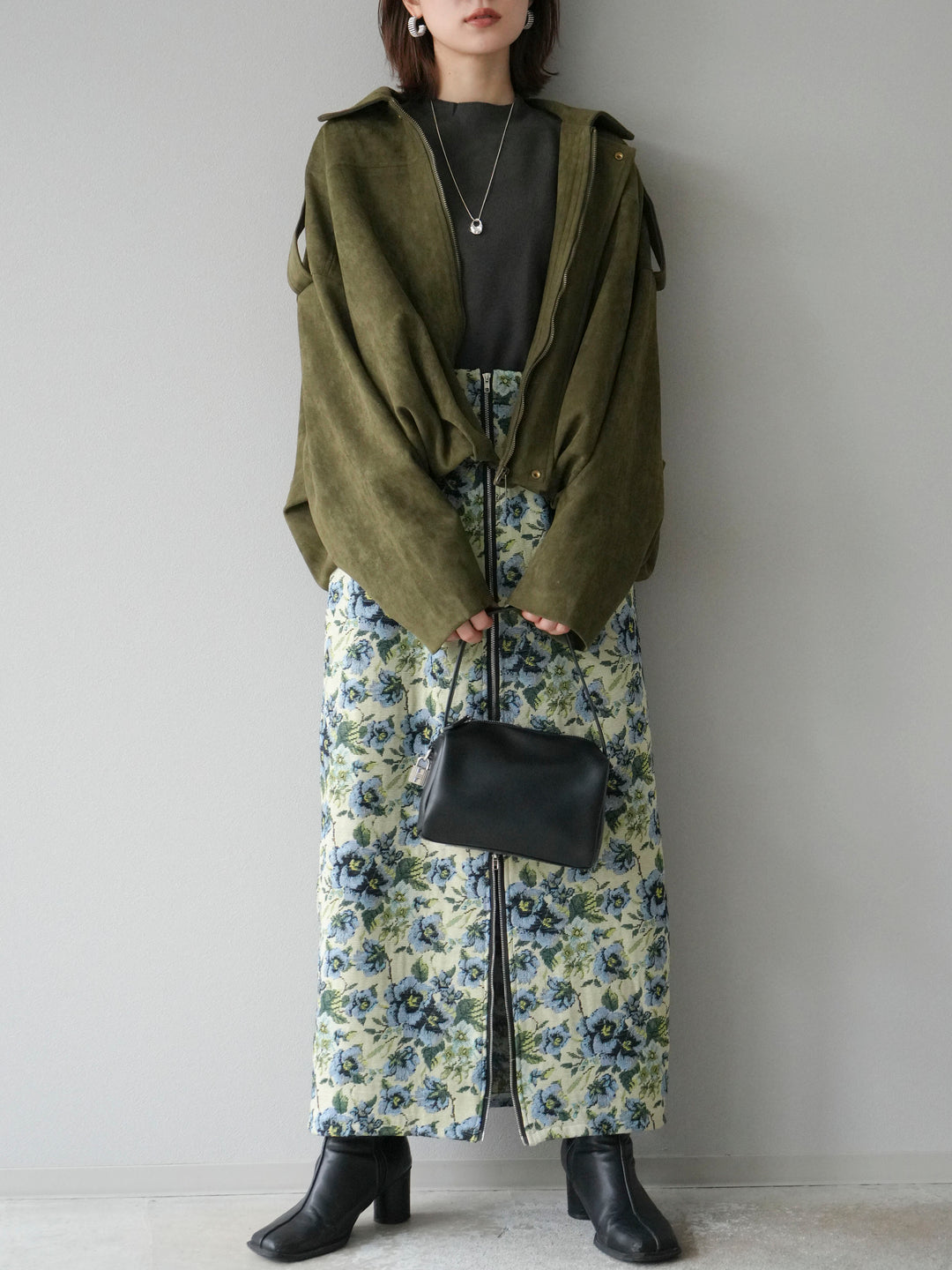 [SET]スウェードオーバーブルゾン+ゴブランフロントジップタイトスカート(2set)