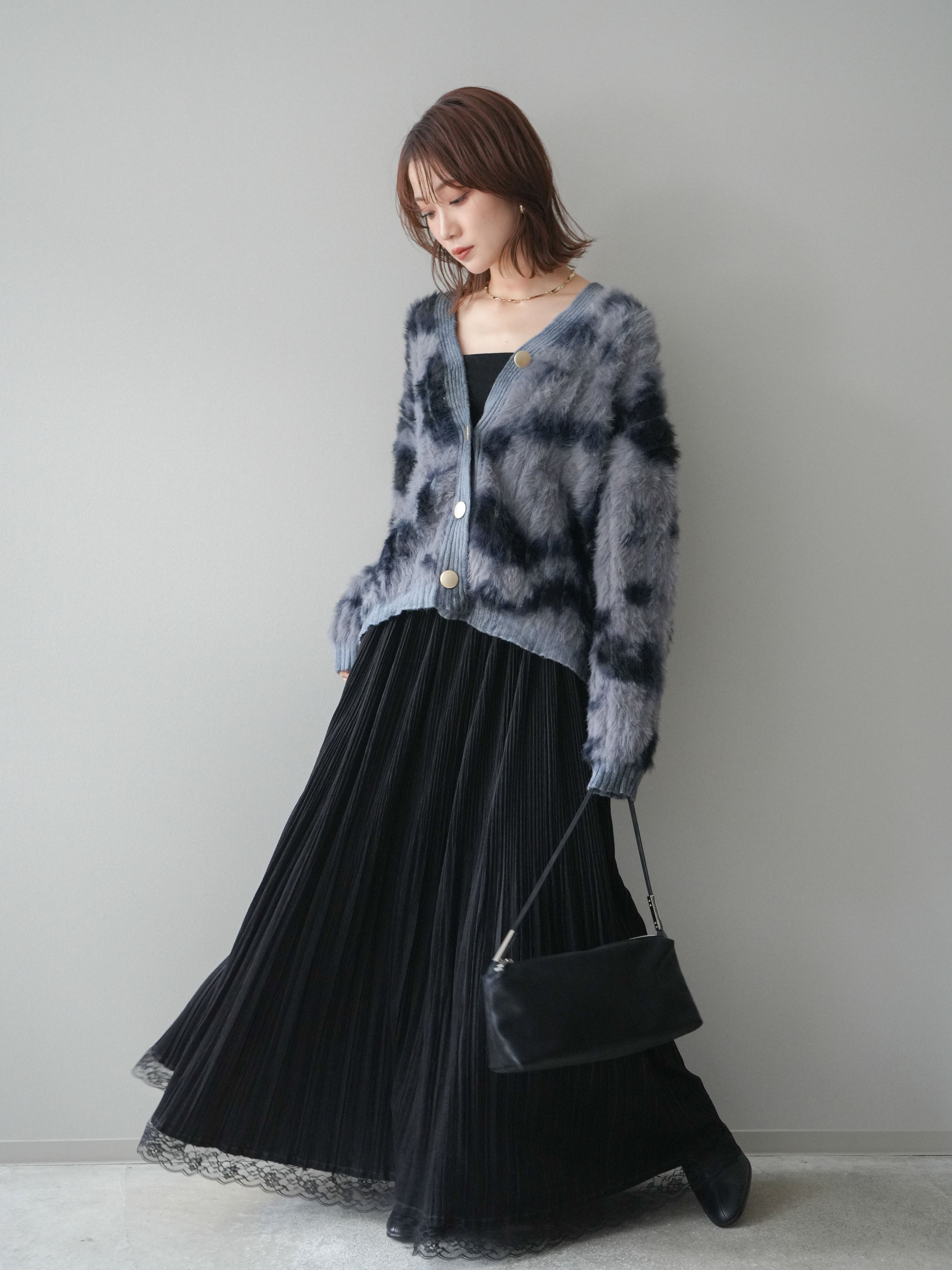 SET]ニュアンス柄シャギーニットカーディガン+裾レーススウェード