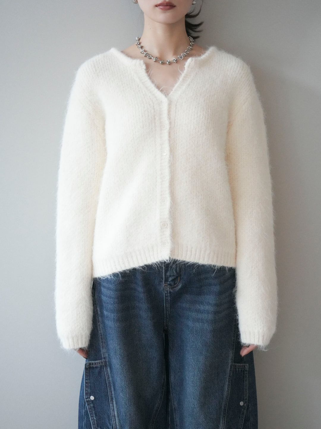 [予約]キーネックシャギーニットカーディガン/ivory