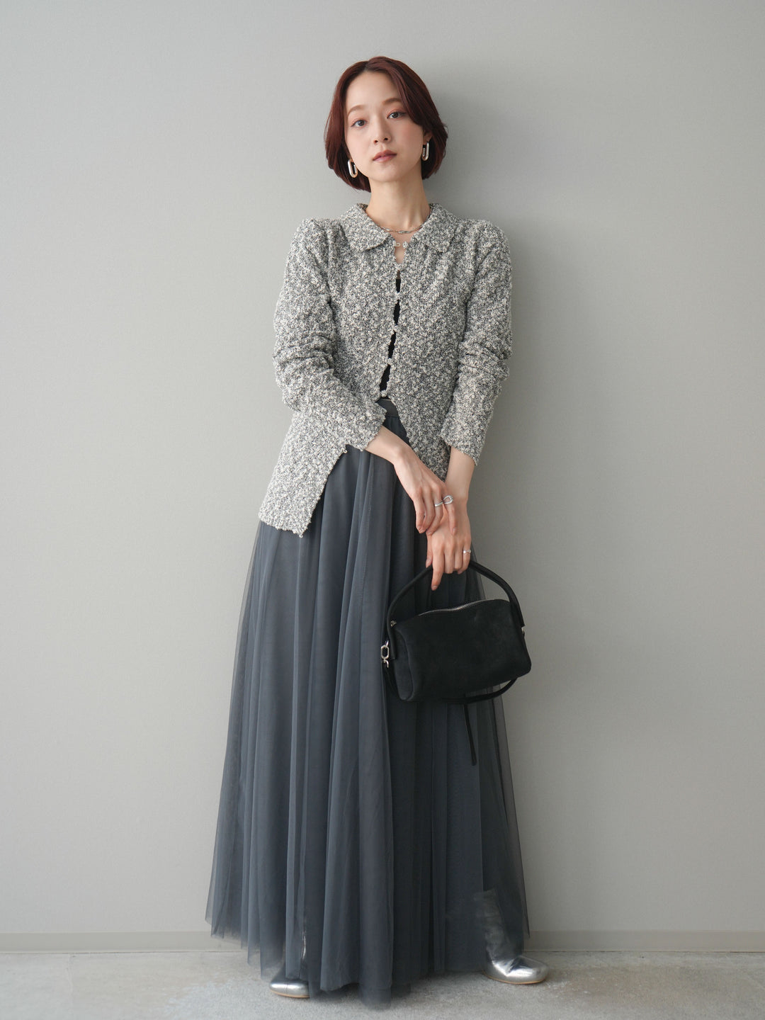 [予約]透かし編みブークレポロニットトップス/mix