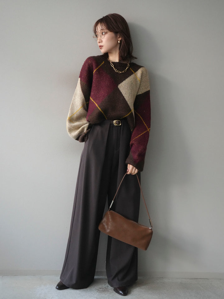 [予約]配色ステッチアーガイル柄ニットプルオーバー/brown