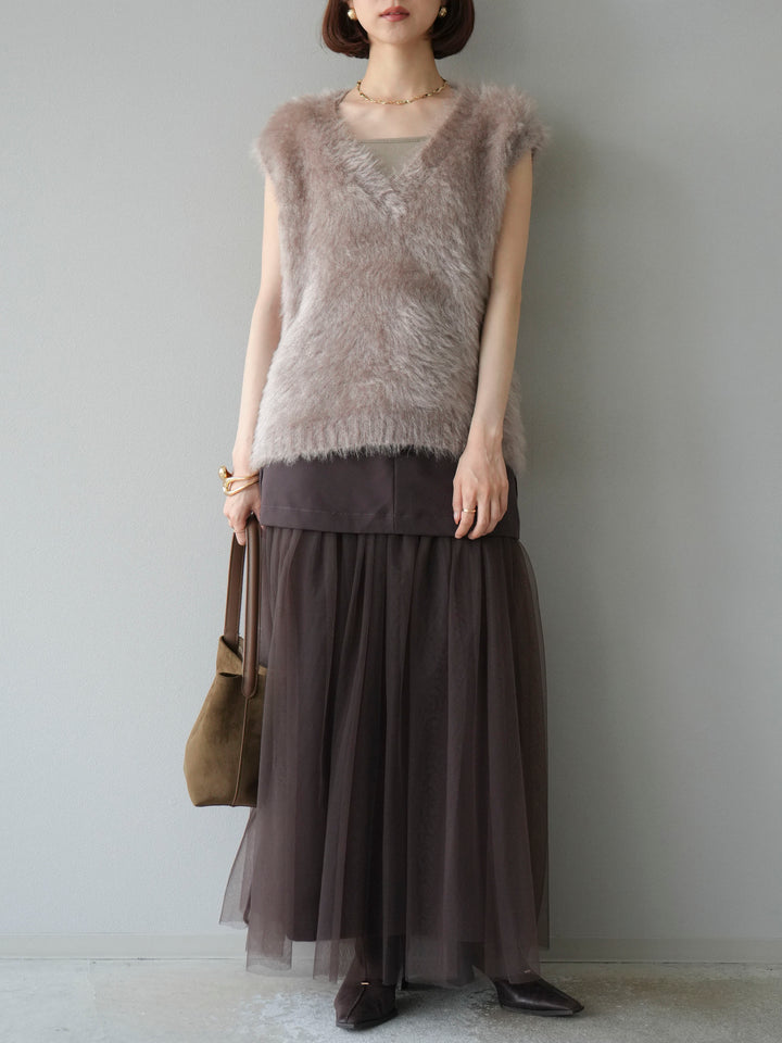 [予約]エステル切替チュールスカート/ブラウン