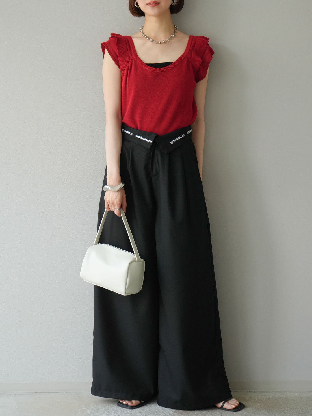 [予約]ウエスト折り返しロゴタックワイドパンツ/ブラック