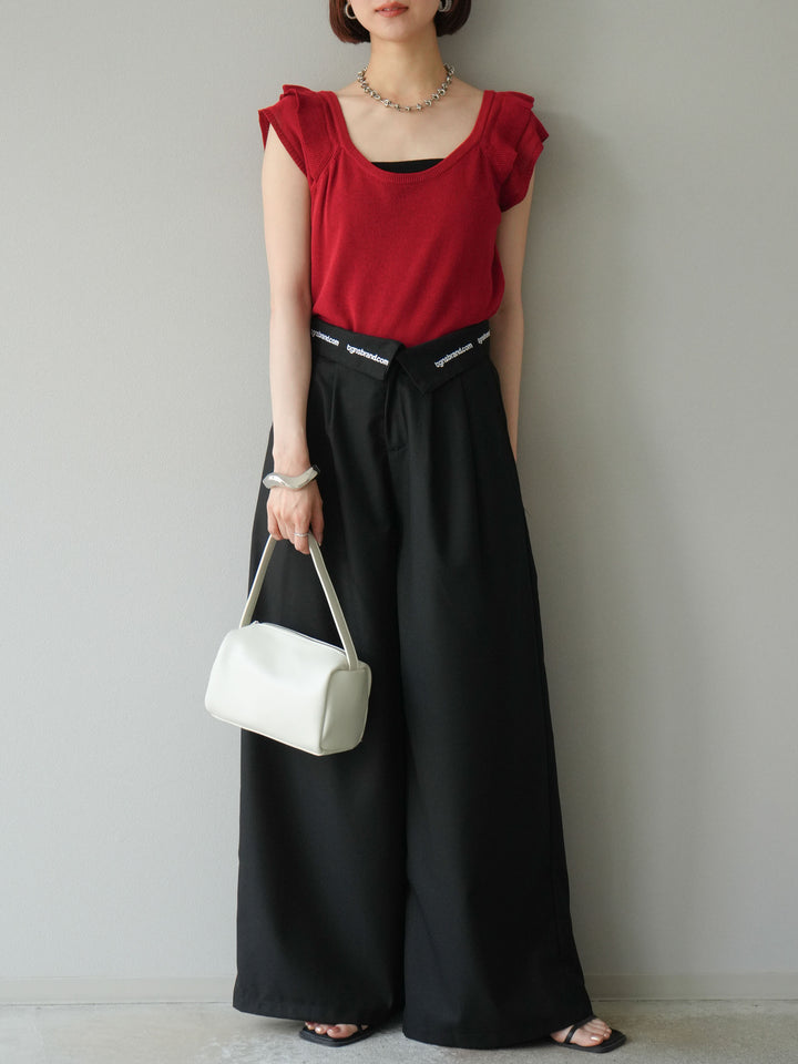 [予約]ウエスト折り返しロゴタックワイドパンツ/ブラック