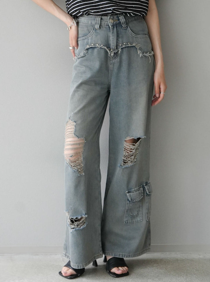 [Pre-order] Hip fringe switching studded distressed denim/blue