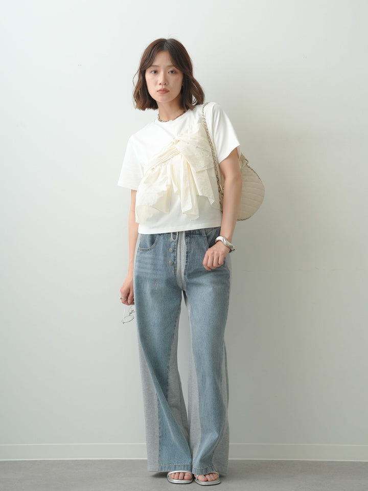 [SET]ナイロンドッキングツイストTEE +デニム切替スウェットパンツ(2set)