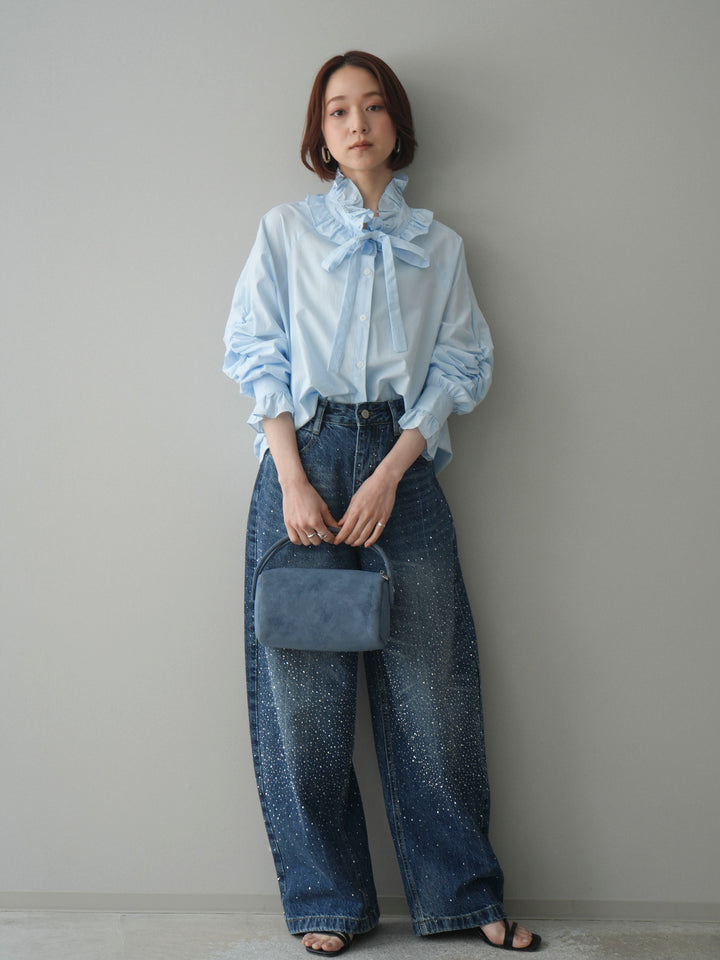 [予約]フリルネックギャザーブラウス/blue