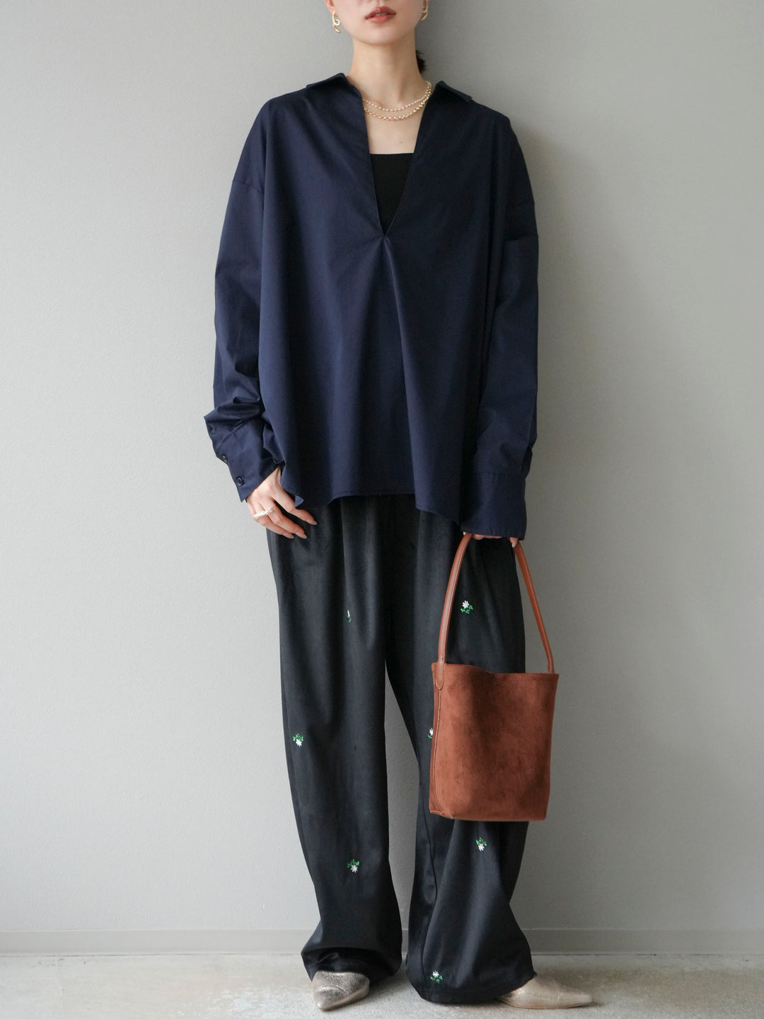 [予約]フラワー刺繍イージーパンツ/ブラック