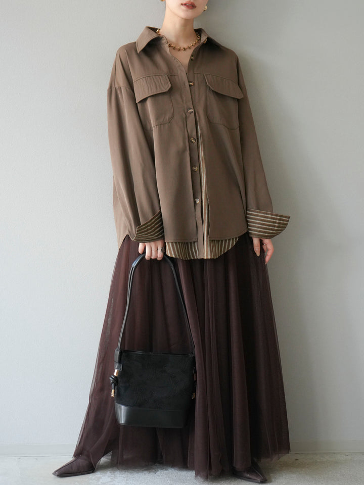 [予約]ストライプレイヤードシャツ/ブラウン