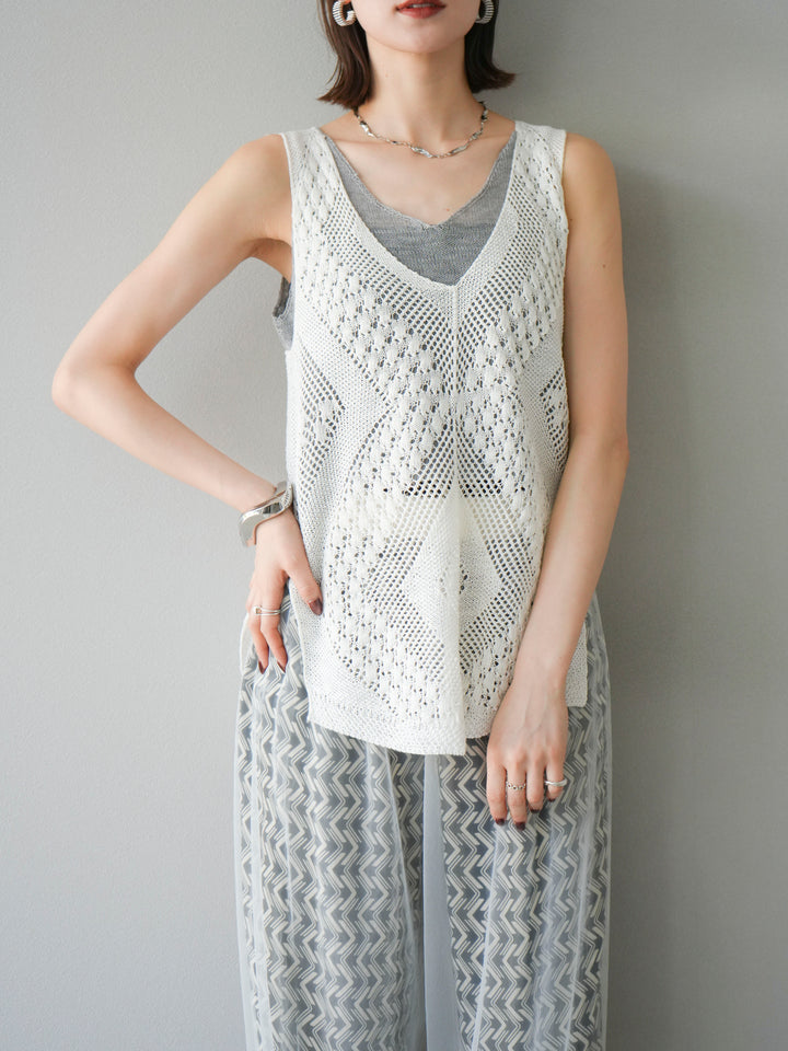 [予約]透かし編みレイヤードニットトップス/ホワイト