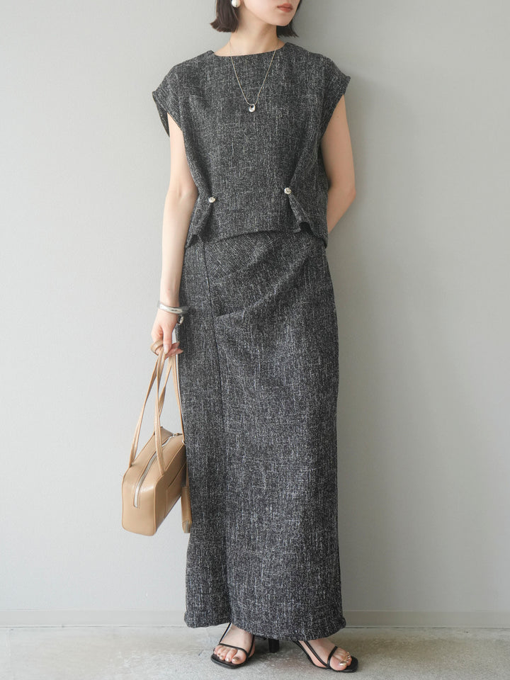 [予約]サマーツイードタックサイドスリットスカート/ブラックホワイト