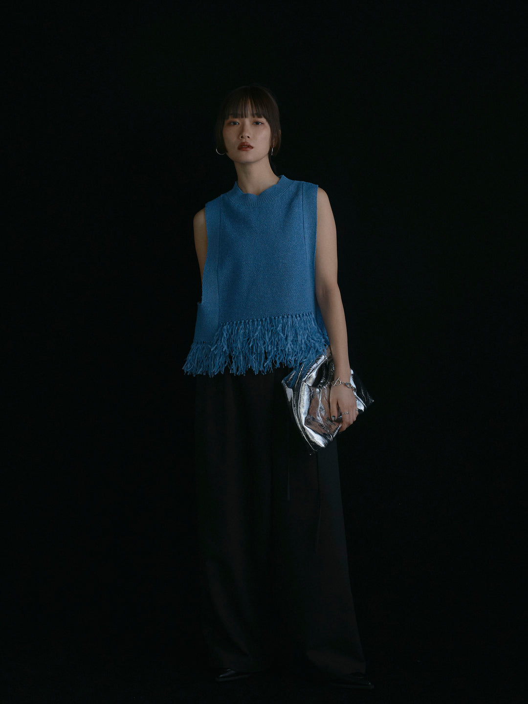 【Allure】[SET]フェザーヤーンニットベスト+ラップデザインタックワイドパンツ(2set)