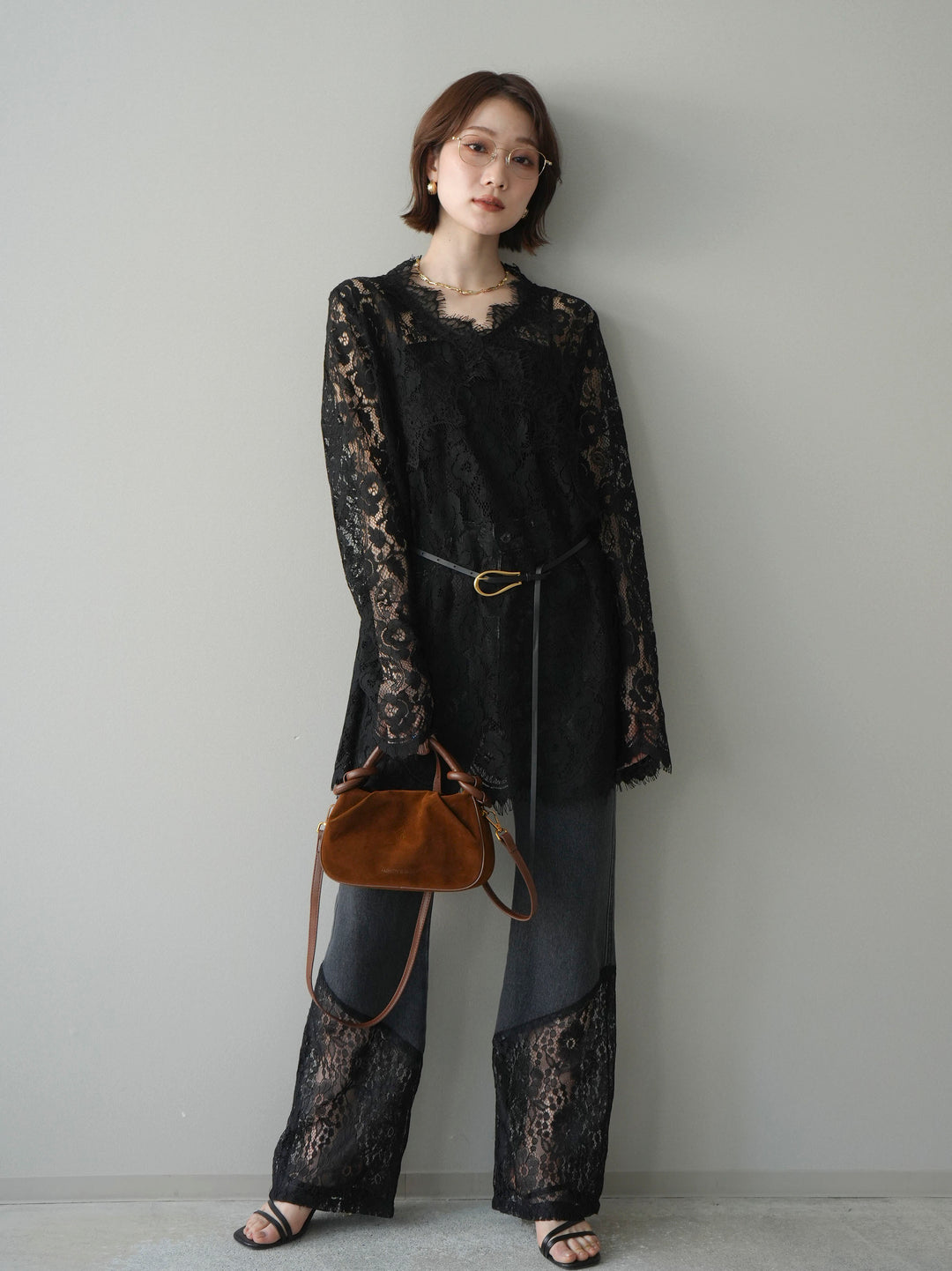 [予約]レース切替フレアデニムパンツ/black