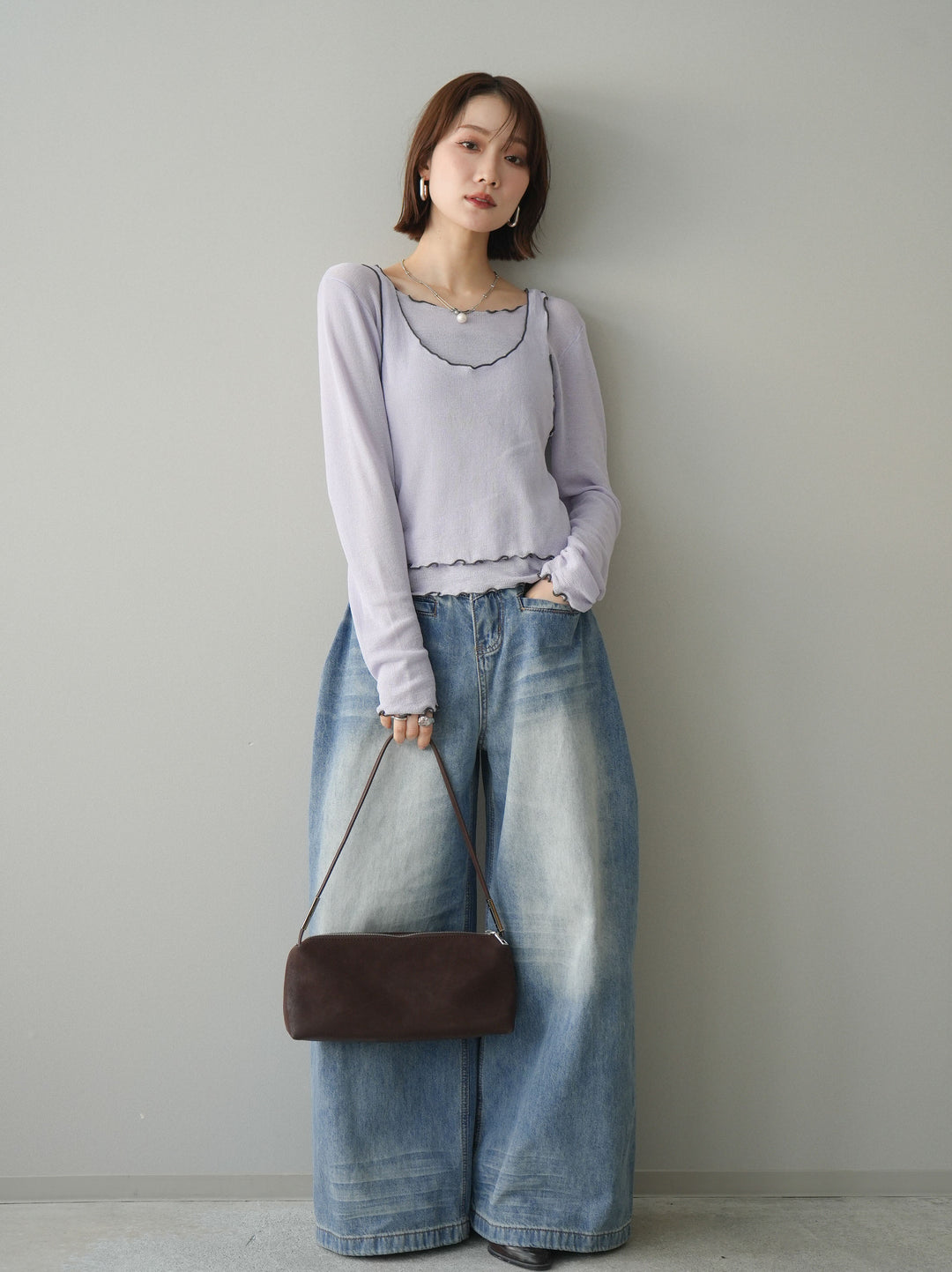 [SET]バイカラーメローアンサンブルシアーニットトップス+選べるアクセセット(2set)