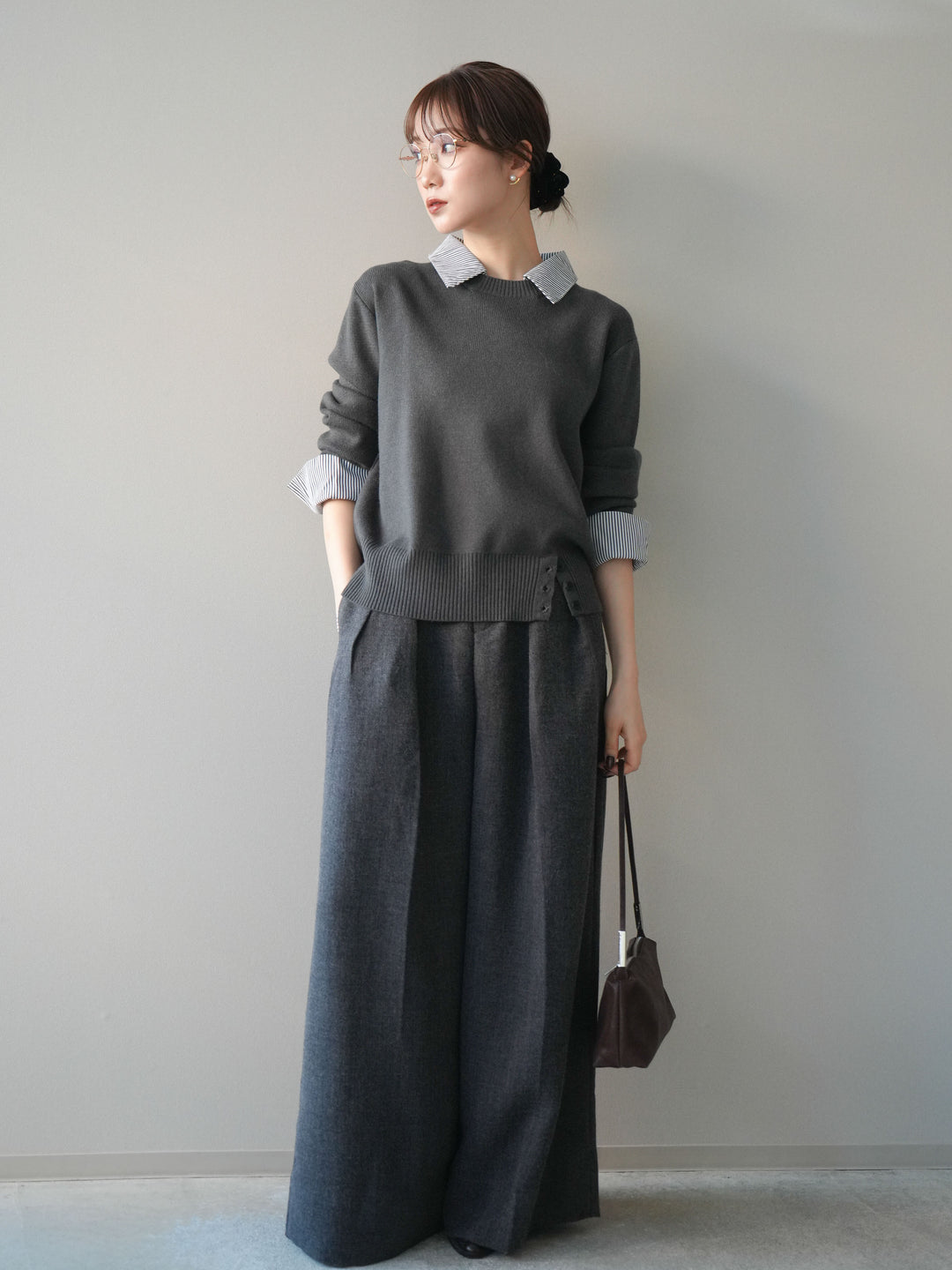 [予約]シャツドッキングデザイン裾ボタンニットプルオーバー/gray