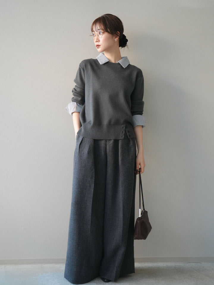 [予約]シャツドッキングデザイン裾ボタンニットプルオーバー/gray