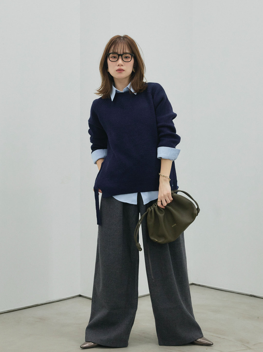 [予約]サイドスリット畦編みニットプルオーバーシャツアンサンブル/navy