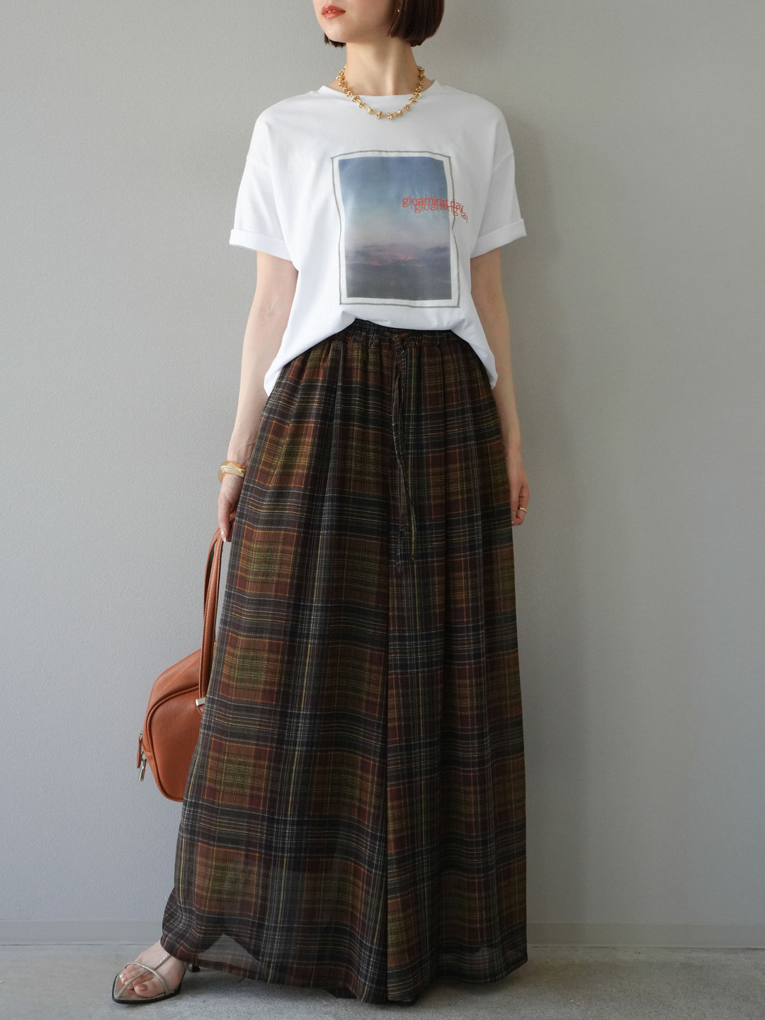 [SET] 薄紗層疊印花T卹 + 透視格紋寬鬆褲 (2件套)