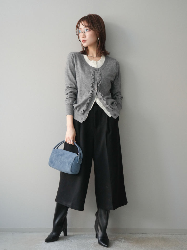 [予約]配色レイヤードフリルデザインニットカーディガン/gray